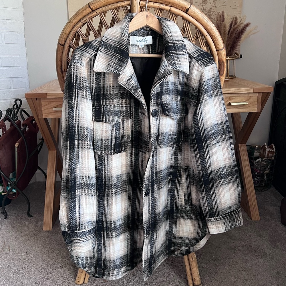 Sebby Plaid Teddy Shacket in Black & Cream